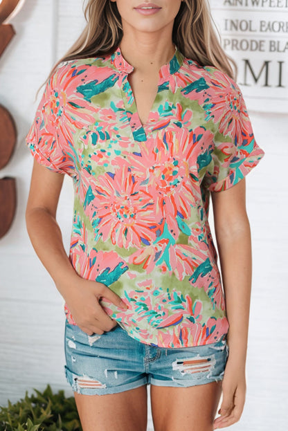 Green Abstract Floral Print Notch V Neck Rolled Short Sleeve Blouse - LA Grand