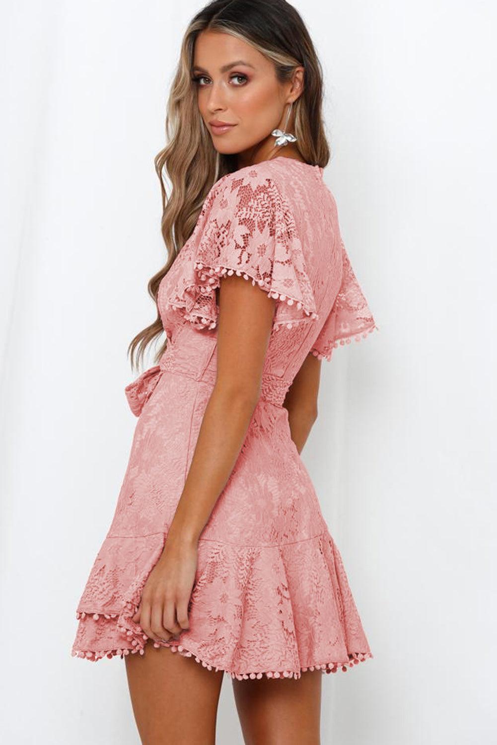 White Flutter Sleeve Wrap V Neck Floral Lace Short Dress - LA Grand