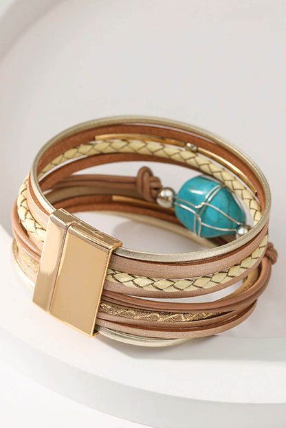 Khaki Multi-layer Leather Turquoise Beaded Bracelet - LA Grand