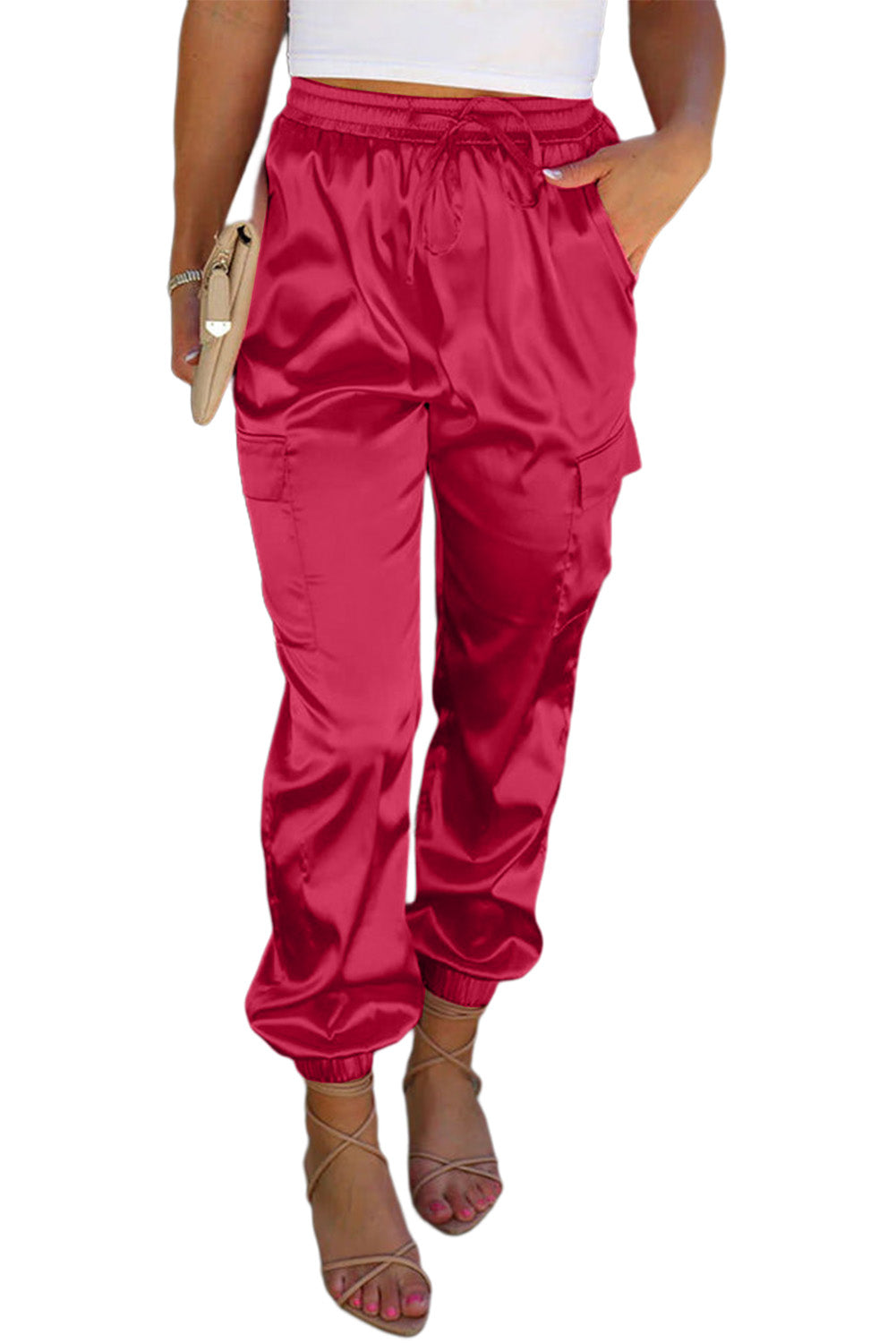 Rose Satin Pocketed Drawstring Elastic Waist Pants - LA Grand