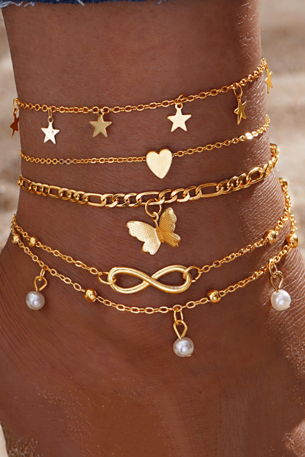 Gold Pearl Butterfly Multi-layer Pendant Anklet - LA Grand