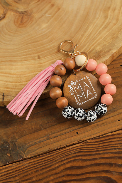 Pink MAMA Wood Pendant Leopard Fringe Keychain - LA Grand