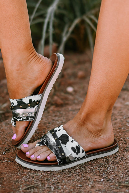 White Studded Animal Print Flip Flop Sandals - LA Grand