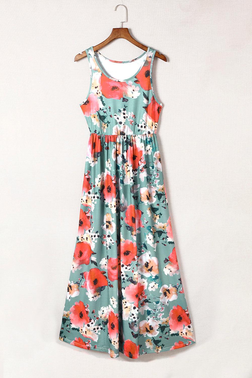 Sky Blue Boho Print Sleeveless High Waist Long Floral Dress - LA Grand