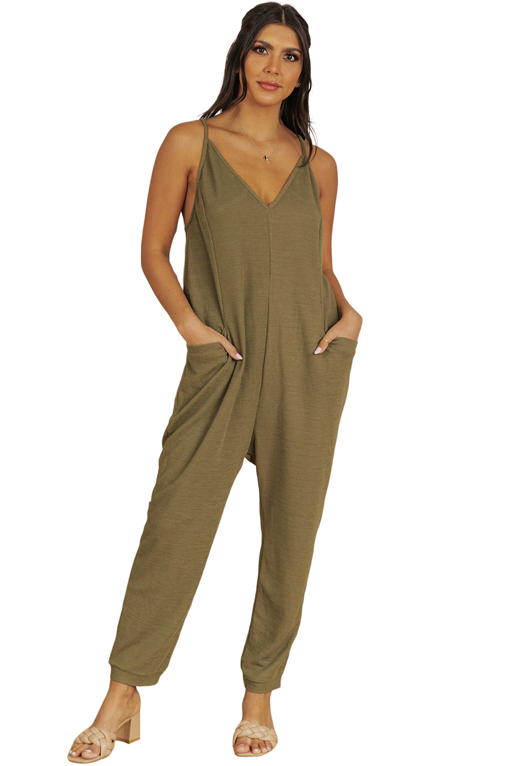 Blue Textured Sleeveless V-Neck Pocketed Casual Jumpsuit - LA Grand