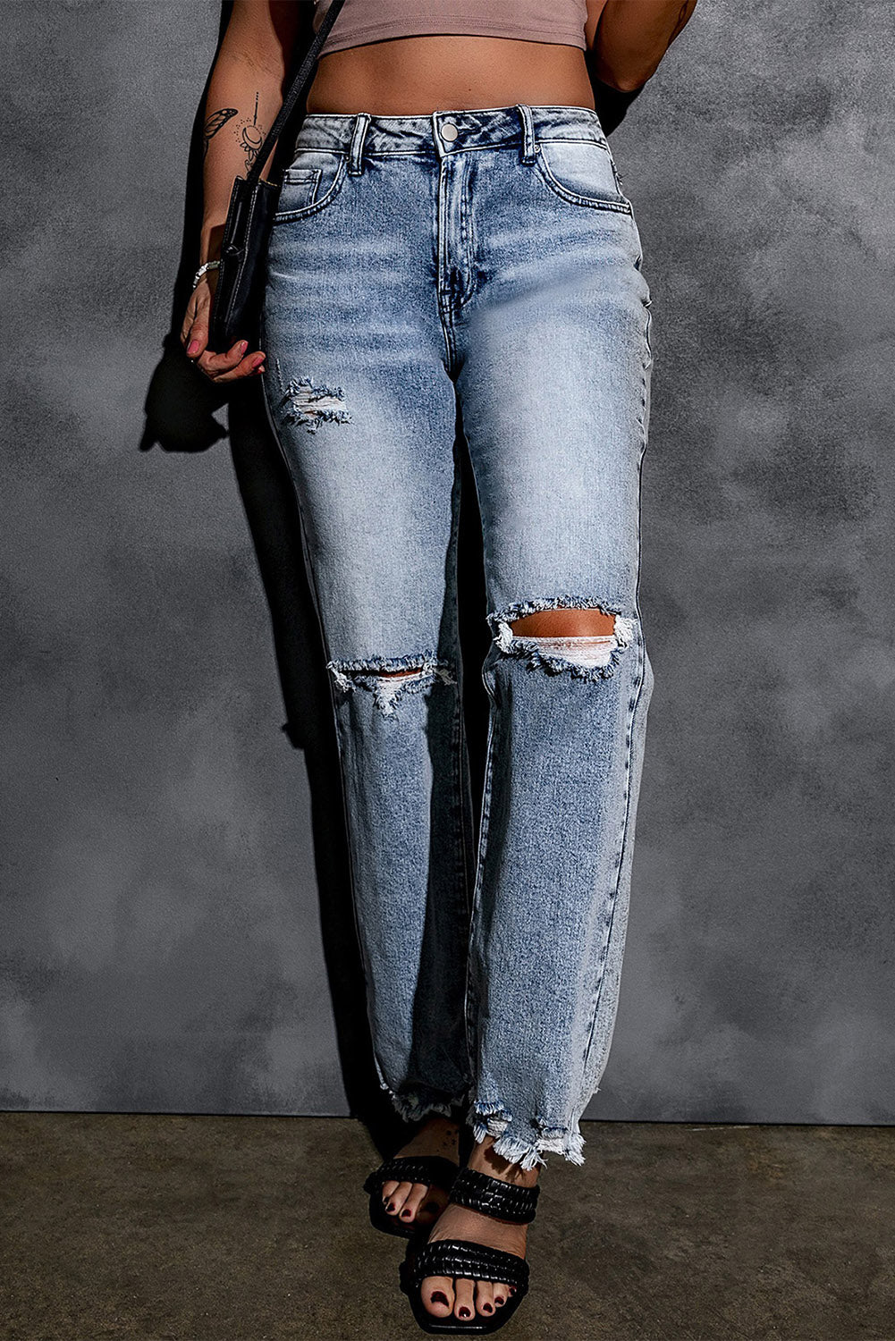 Sky Blue Washed Ripped Wide Leg High Waist Jeans - LA Grand