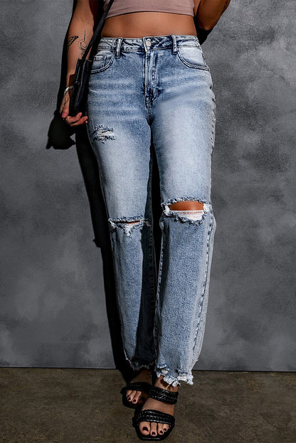 Sky Blue Washed Ripped Wide Leg High Waist Jeans - LA Grand