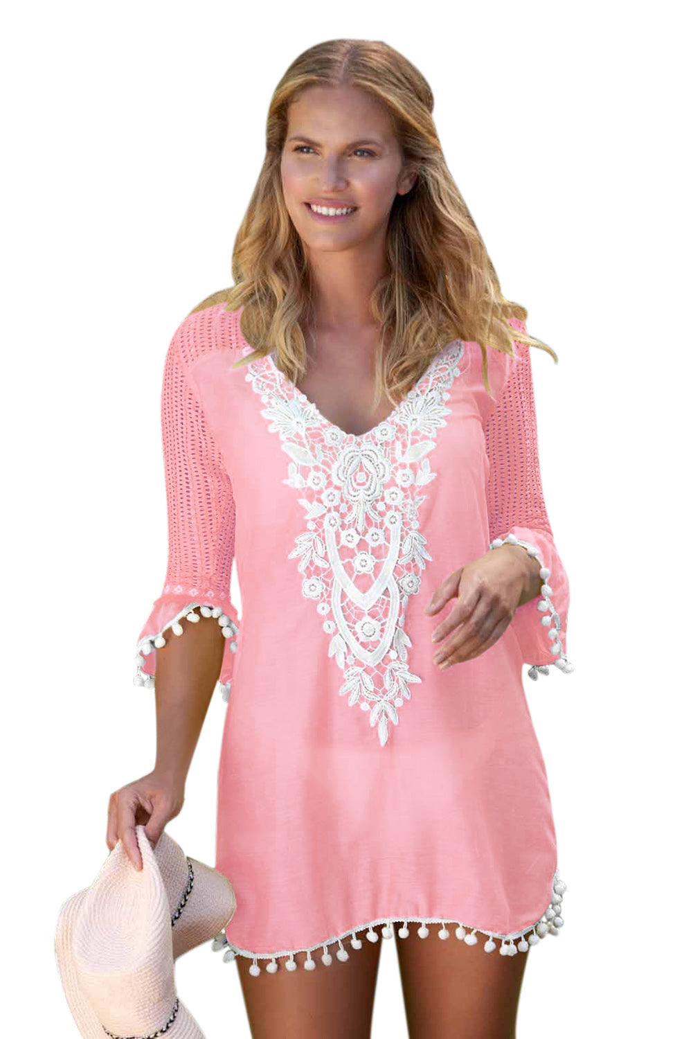 Black Crochet Pom Pom Trim Beach Tunic Cover up - LA Grand