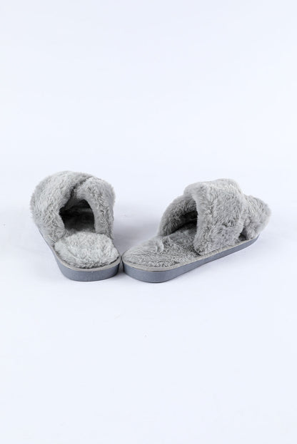 Gray Crossed Straps Winter Furry Slippers - LA Grand