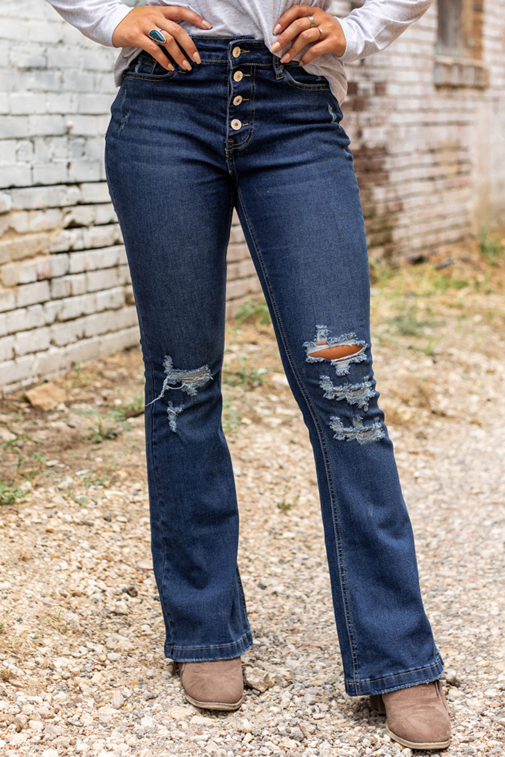 Dark Washed Distressed Flare Bottom Jeans - LA Grand