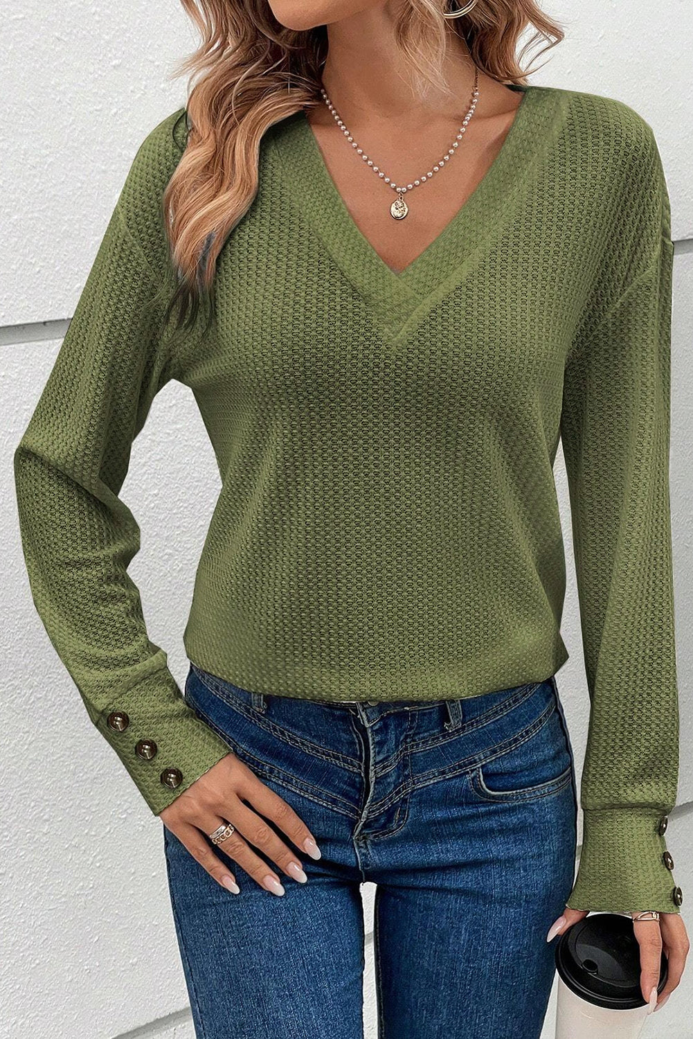 Jungle Green Textured Knit V Neck Button Cuffs Long Sleeve Top - LA Grand