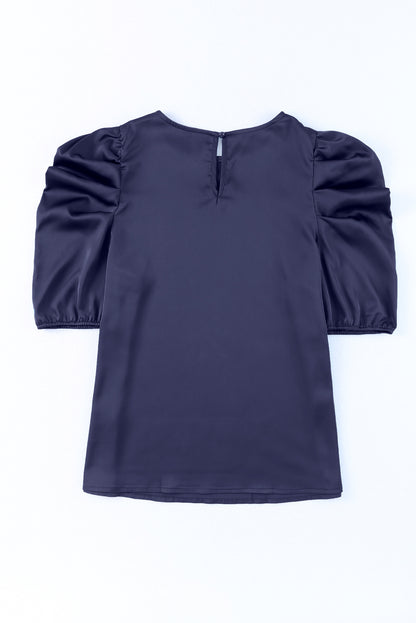 Dark Blue Ruched Puff Short Sleeve Satin Blouse - LA Grand