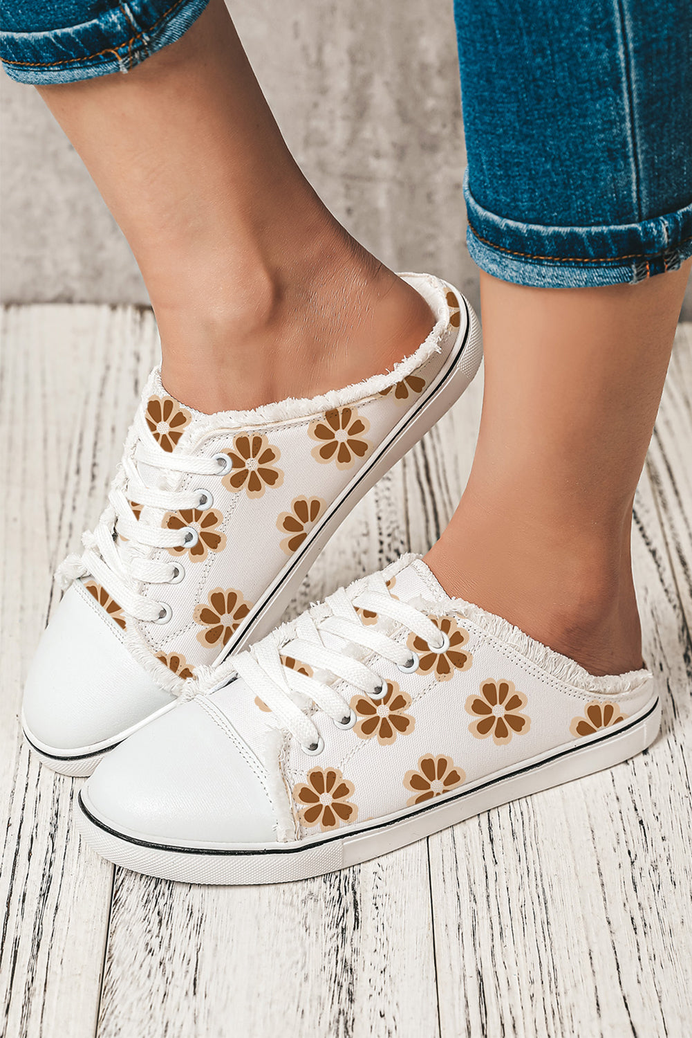 White Flower Print Raw Hem Slip On Canvas Shoes - LA Grand