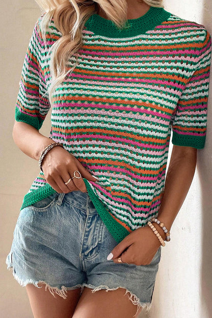 Dark Green Striped Pattern Contrast Trim Pointelle Knit T Shirt - LA Grand