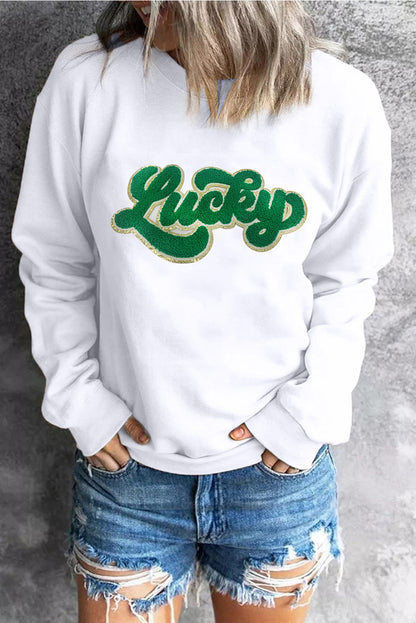 White Shiny Trim Chenille Lucky Pattern Sweatshirt - LA Grand