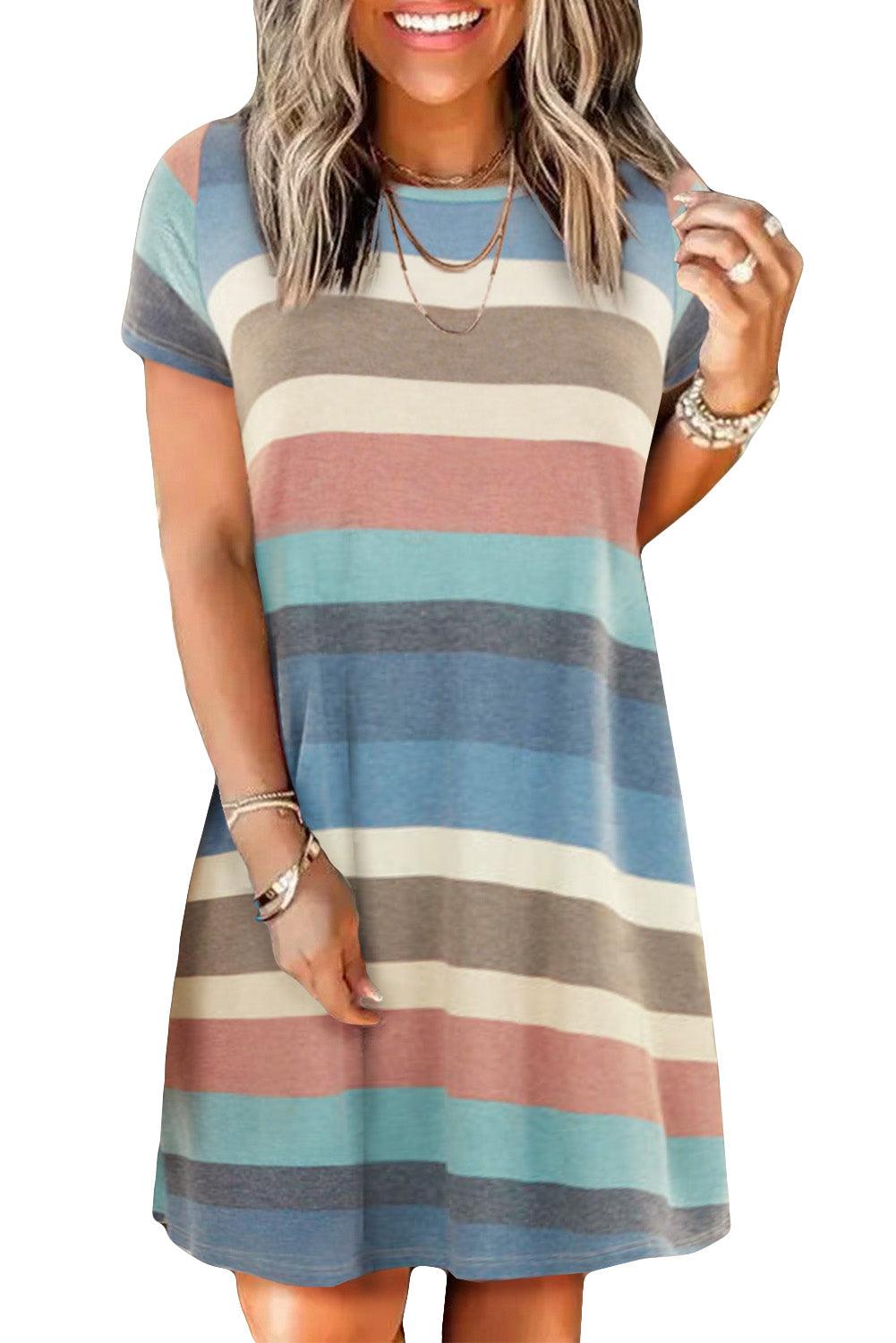 Multicolor Striped Pocket T Shirt Dress - LA Grand