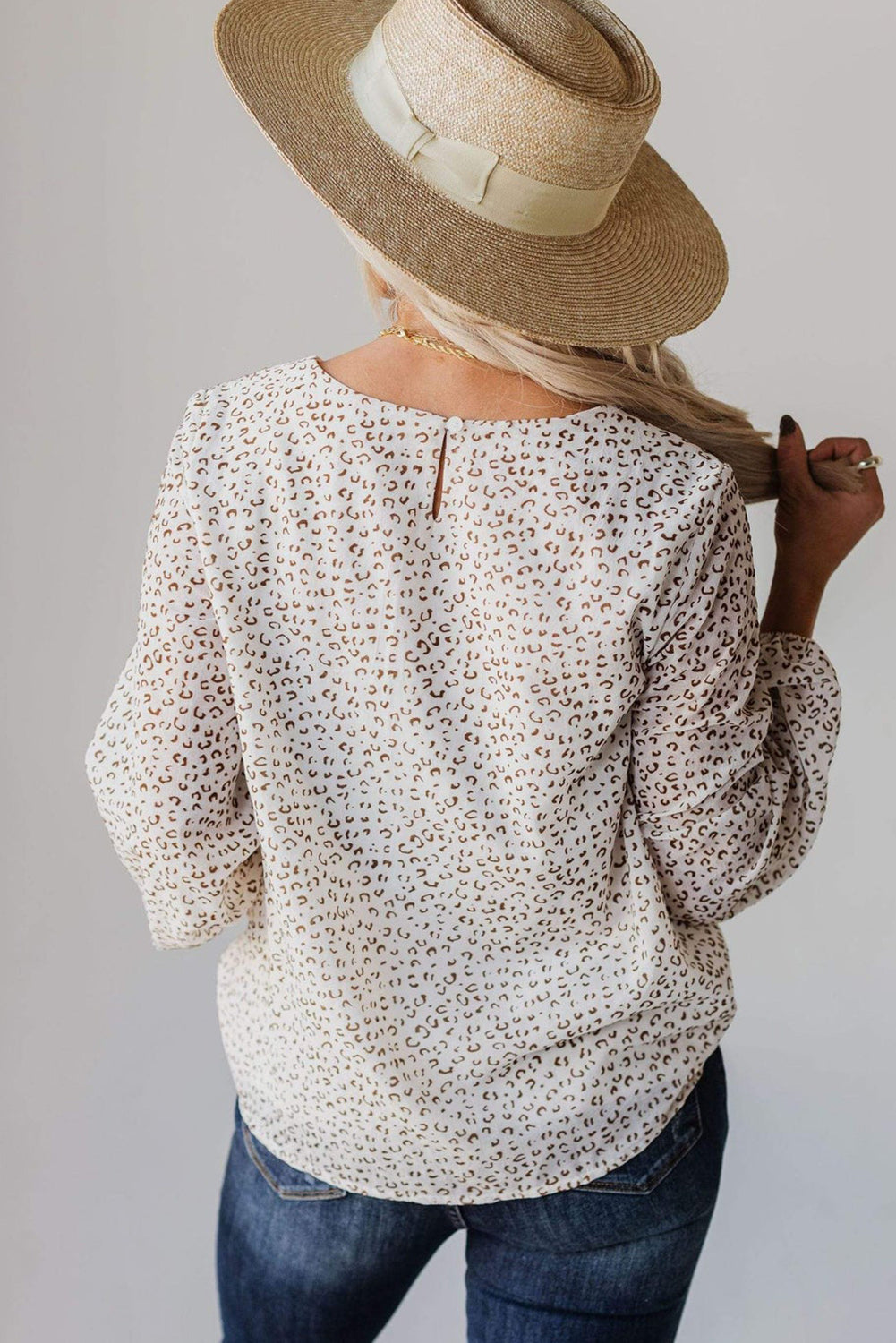 Leopard Crew Neck Long Sleeve Blouse - LA Grand