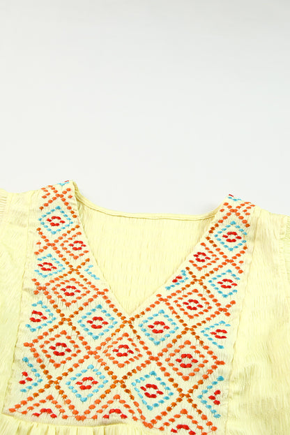 Yellow Geometric Embroidery Textured Top with Ruffles - LA Grand