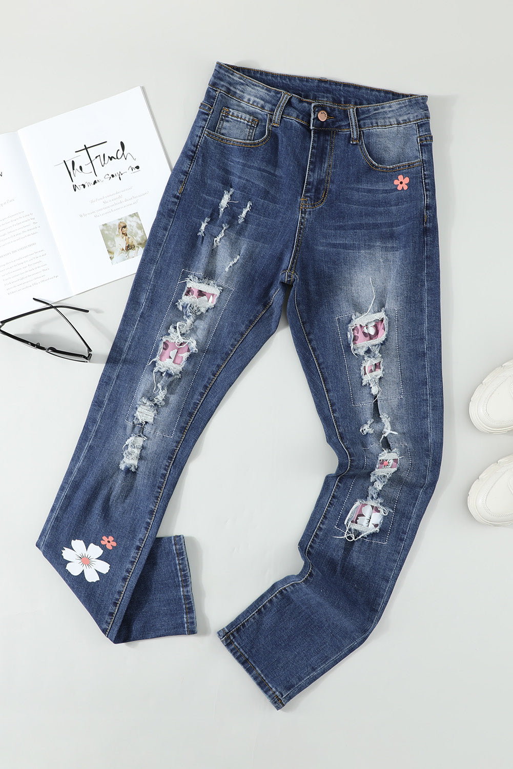 Sky Blue Floral Leopard Print Patchwork Distressed High Waist Jeans - LA Grand