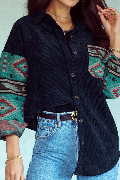 Aztec Pattern Sleeve Pocketed Corduroy Shacket - LA Grand