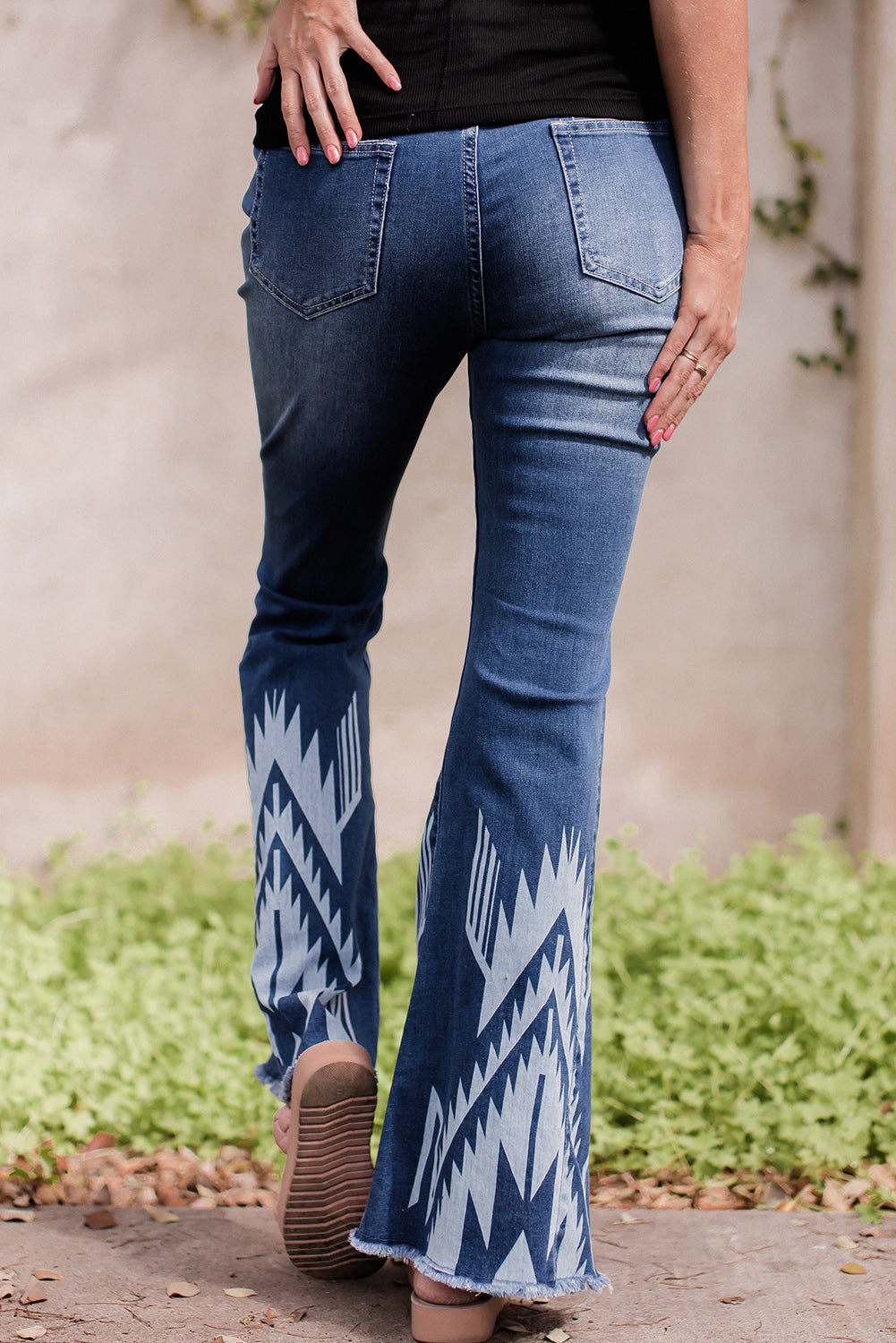 Blue Western Pattern High Rise Flare Jeans - LA Grand