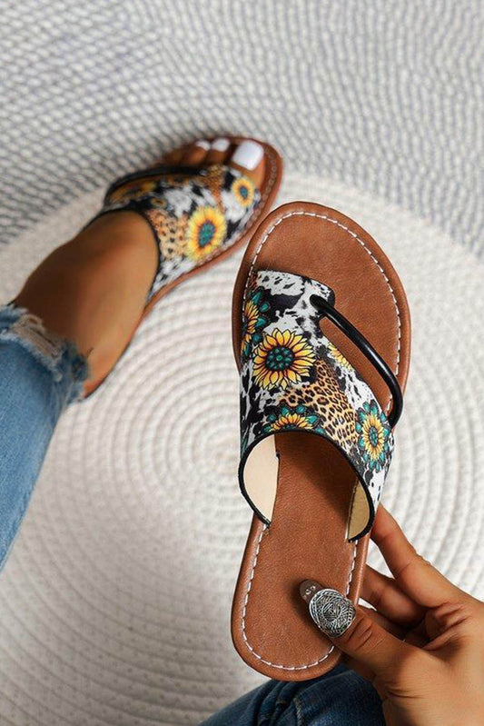 Multicolor Boho Sunflower Print Flat Flip Flops - LA Grand