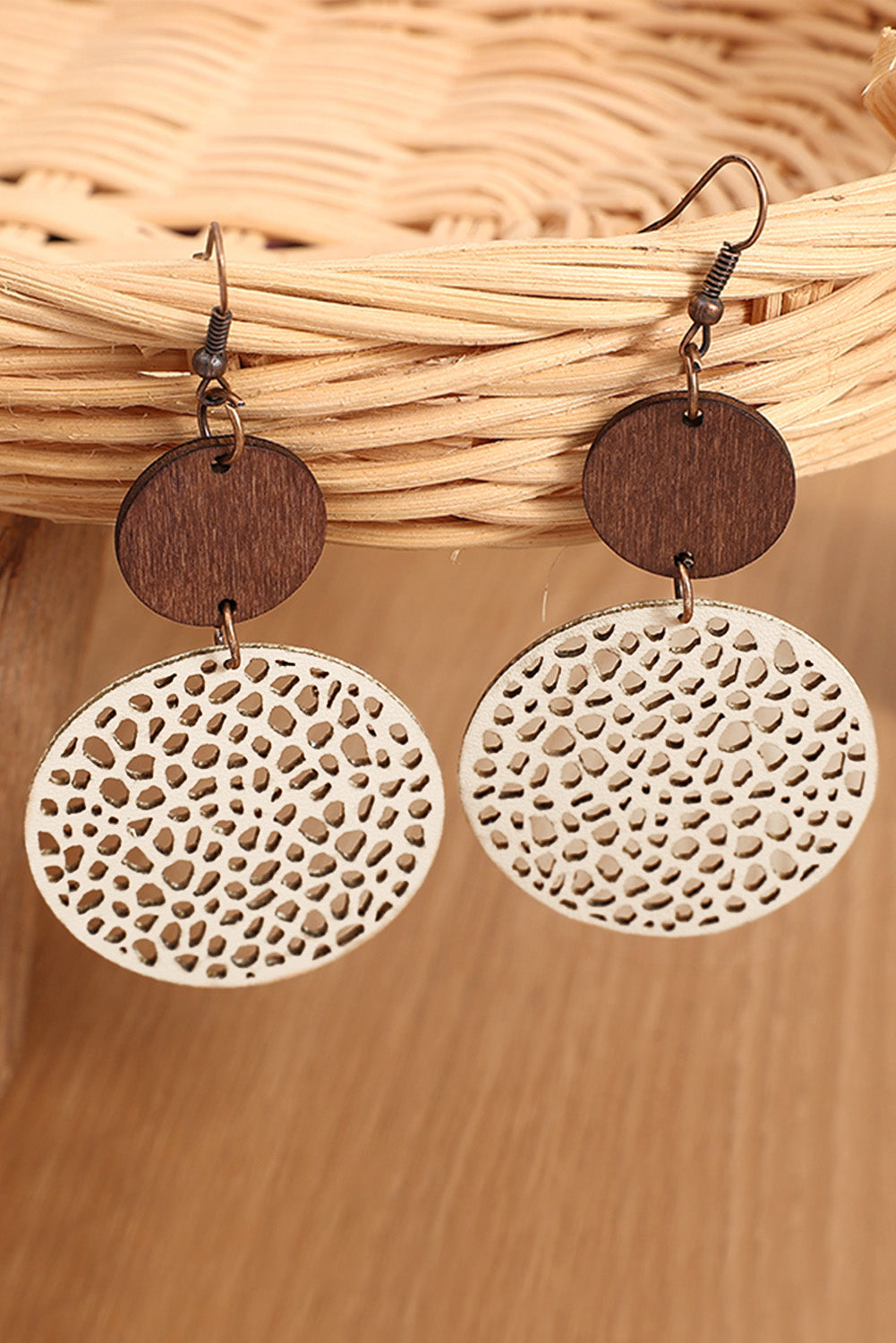 Beige Hollow Out Wooden Round Drop Earrings - LA Grand