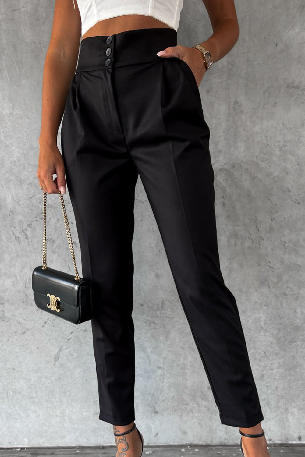 Black Button High Waist Tapered Pants - LA Grand