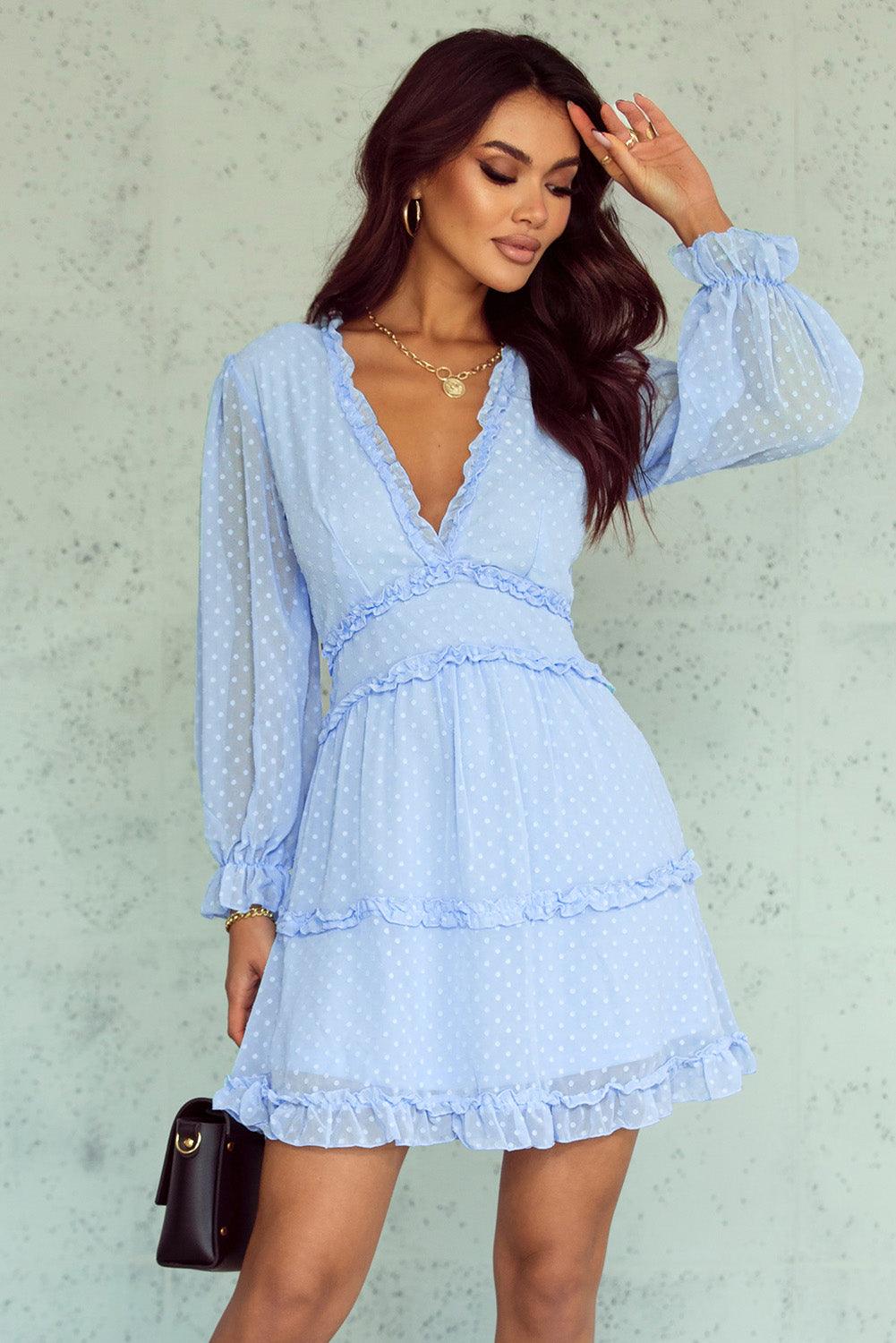 Sky Blue Layered Ruffled Open Back Puff Sleeve Swiss Dot Mini Dress - LA Grand