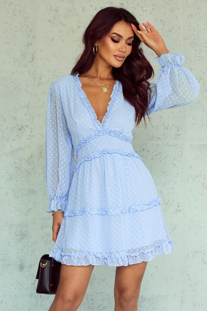 Sky Blue Layered Ruffled Open Back Puff Sleeve Swiss Dot Mini Dress - LA Grand