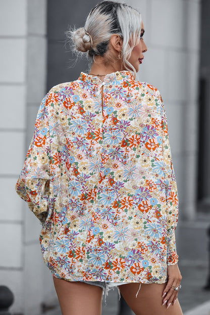 Multicolor Shirred Cuffs Bubble Sleeve Floral Blouse - LA Grand