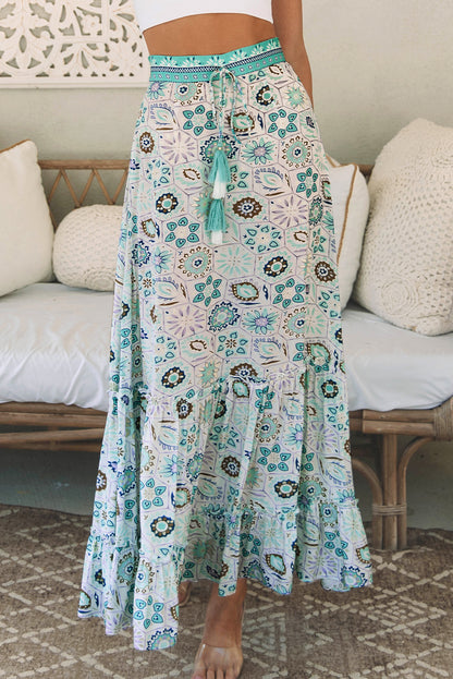 Sky Blue Boho Floral Print Maxi Skirt - LA Grand