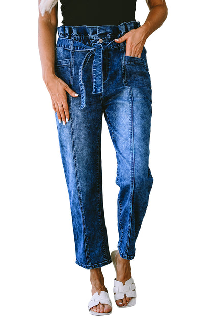 Blue Seamed Stitching High Waist Knot Skinny Jeans - LA Grand