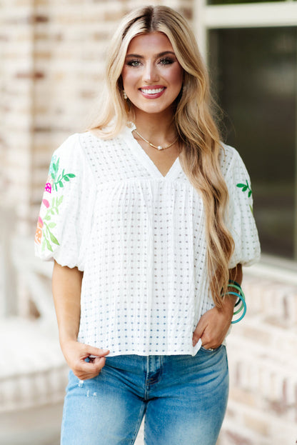 White Floral Embroidered Puff Sleeve Notched Neck Blouse - LA Grand