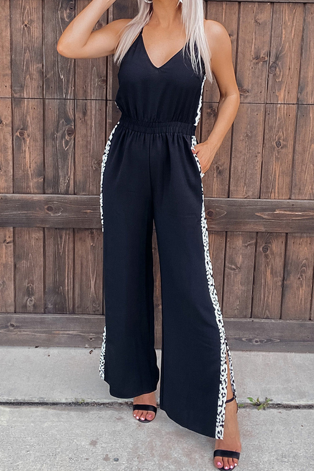 Black Leopard Patchwork Spaghetti Strap Wide Leg Jumpsuit - LA Grand