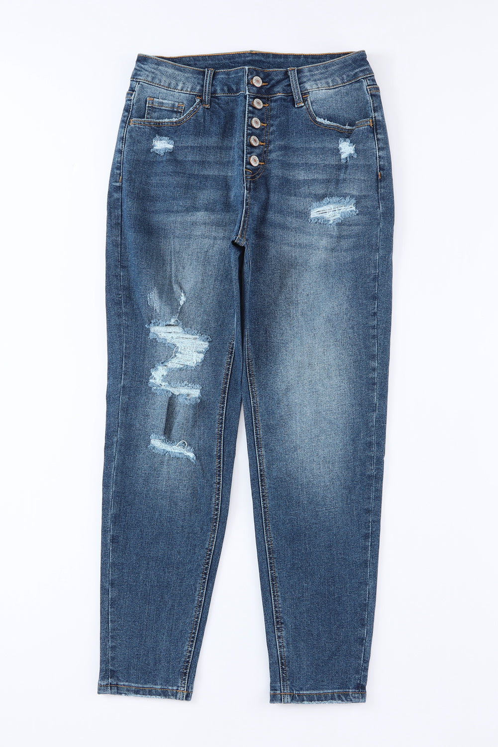 Blue Distressed Button Fly High Waist Skinny Jeans - LA Grand