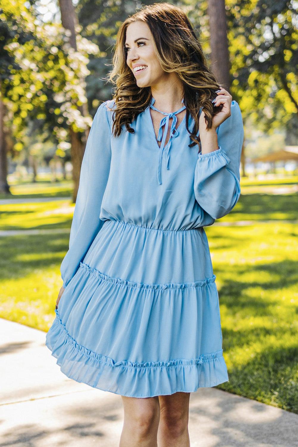 Light Blue V Neck Long Sleeve Ruffle Tiered Mini Dress - LA Grand