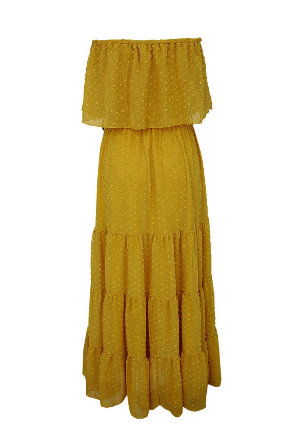 Sky Blue Yellow Yellow Off Shoulder Ruffle Swiss Dot Maxi Dress - LA Grand