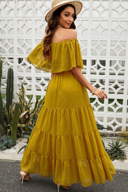 Sky Blue Yellow Yellow Off Shoulder Ruffle Swiss Dot Maxi Dress - LA Grand