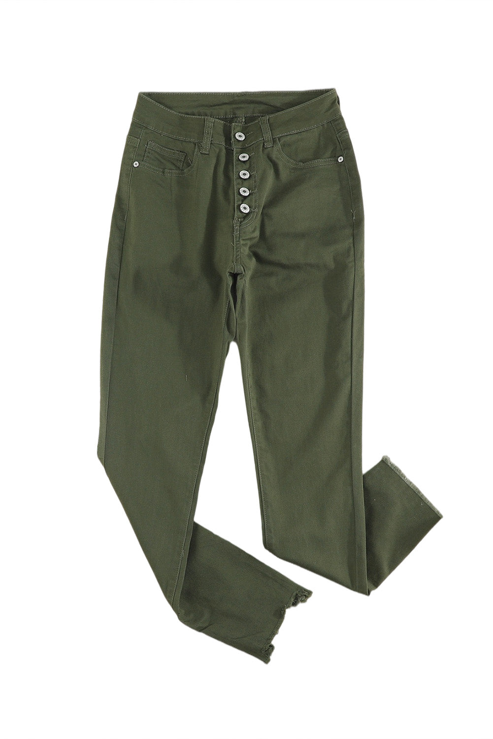 Green Plain High Waist Buttons Frayed Cropped Denim Jeans - LA Grand