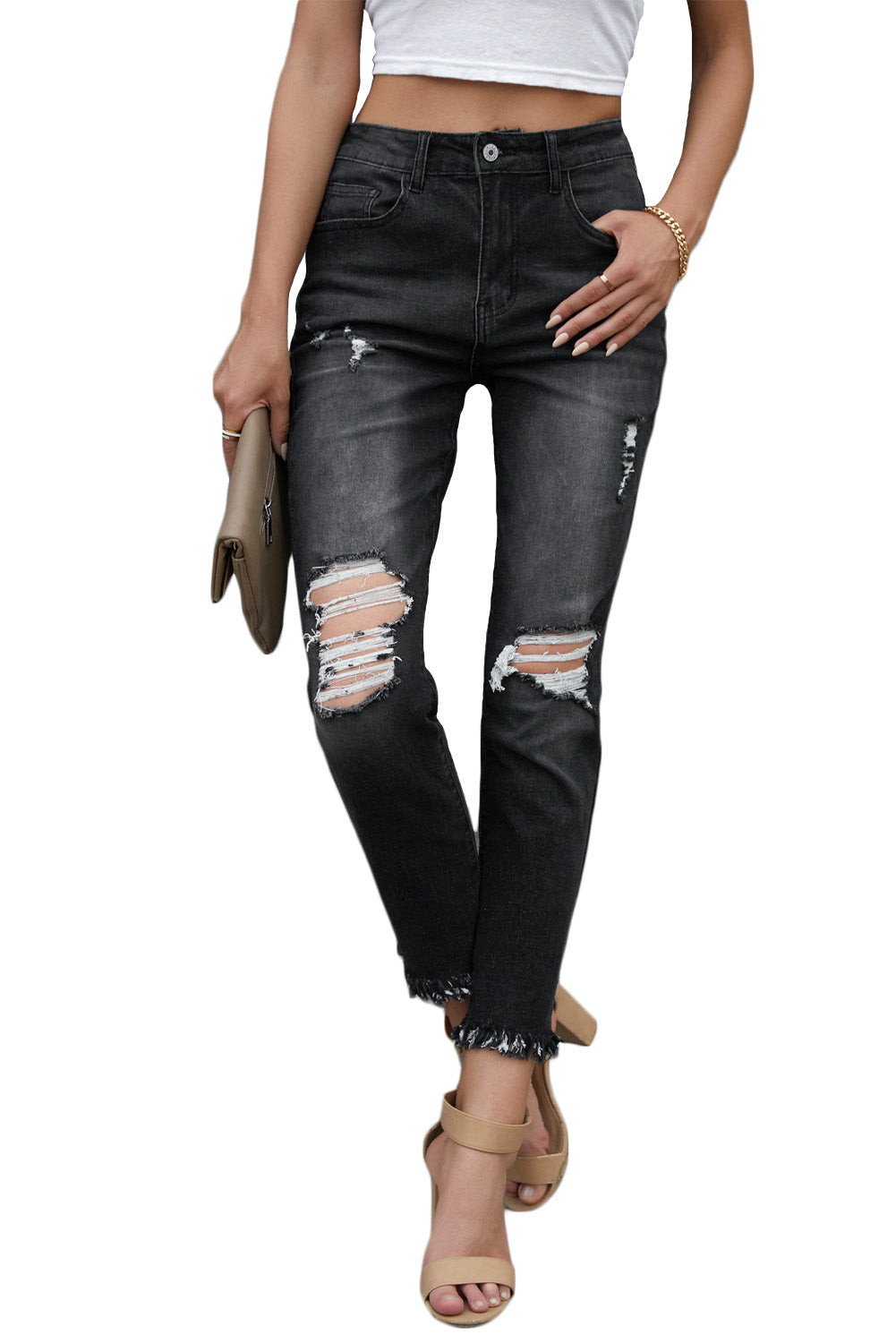 Blue Distressed Raw Hem Button Mid Waist Jeans - LA Grand