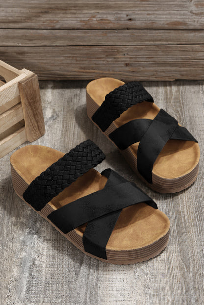 Black Braided Detail Criss Cross Platform Slippers - LA Grand