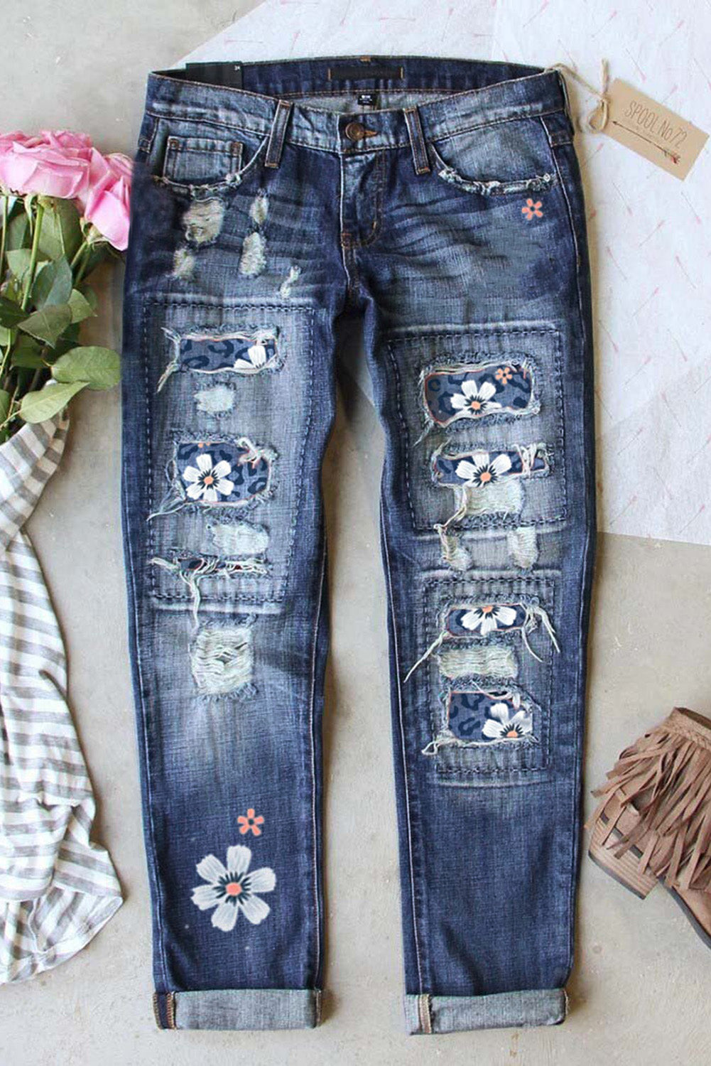 Sky Blue Floral Leopard Print Patchwork Distressed High Waist Jeans - LA Grand