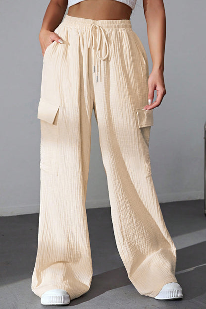 Apricot Loose Drawstring High Waist Crinkled Cargo Pants - LA Grand