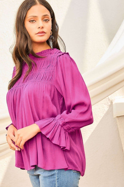 Bright Pink Shirred Button Keyhole Back Flounce Sleeve Blouse - LA Grand