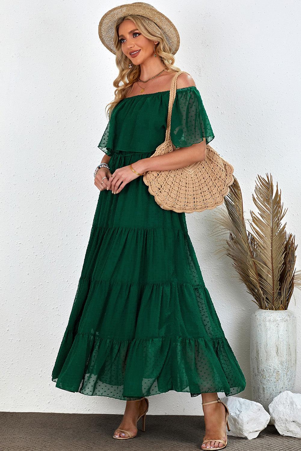 Verde Sunshine Off-Shoulder Swiss Dot Maxi Dress - LA Grand