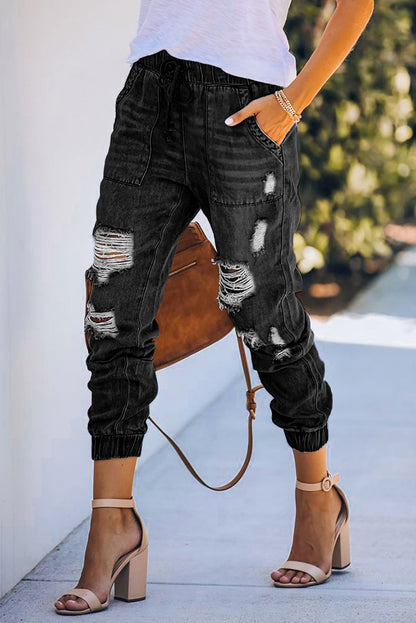 Blue Pocketed Distressed Denim Joggers - LA Grand