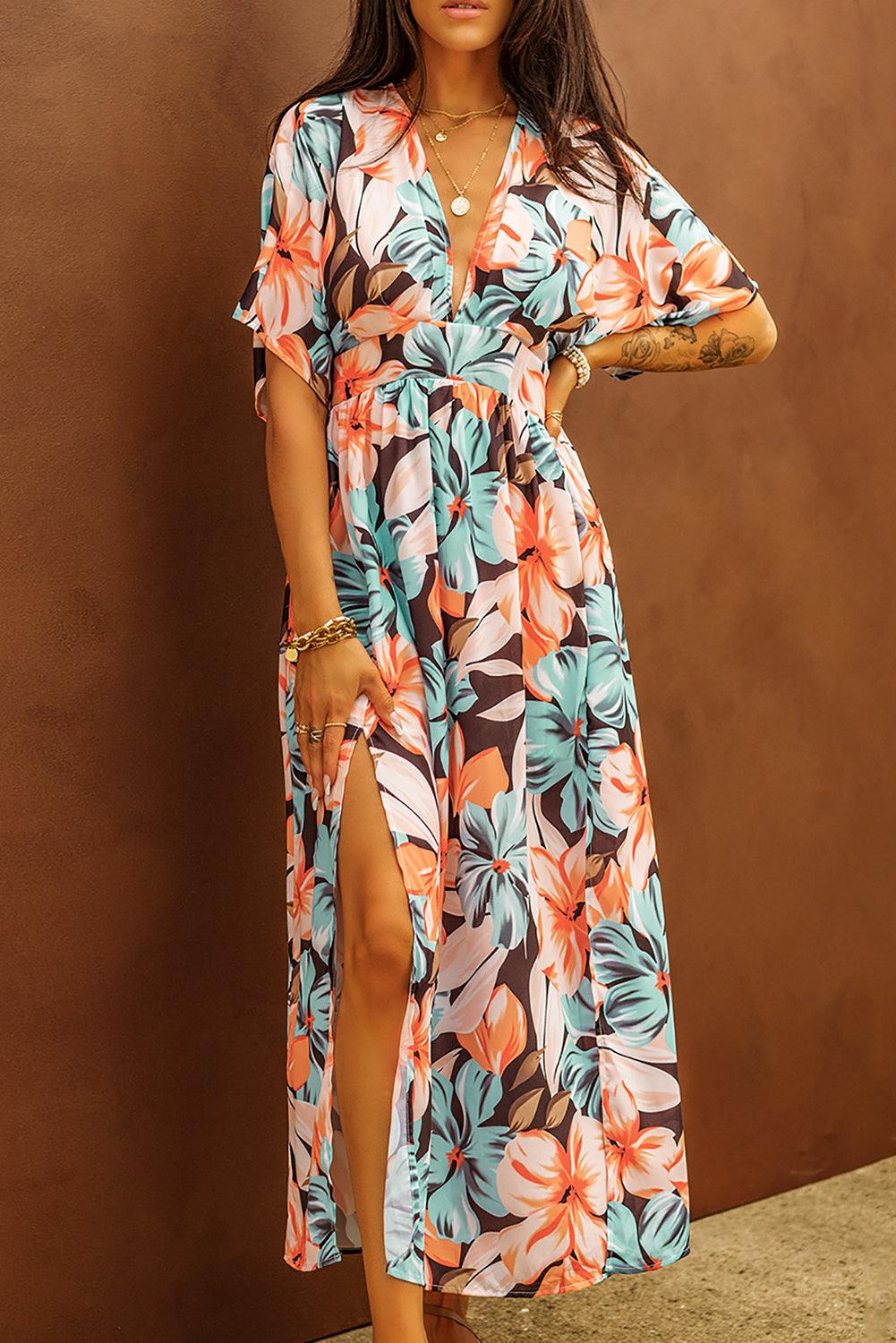 Orange Floral Kimono Long Dress with Slit - LA Grand