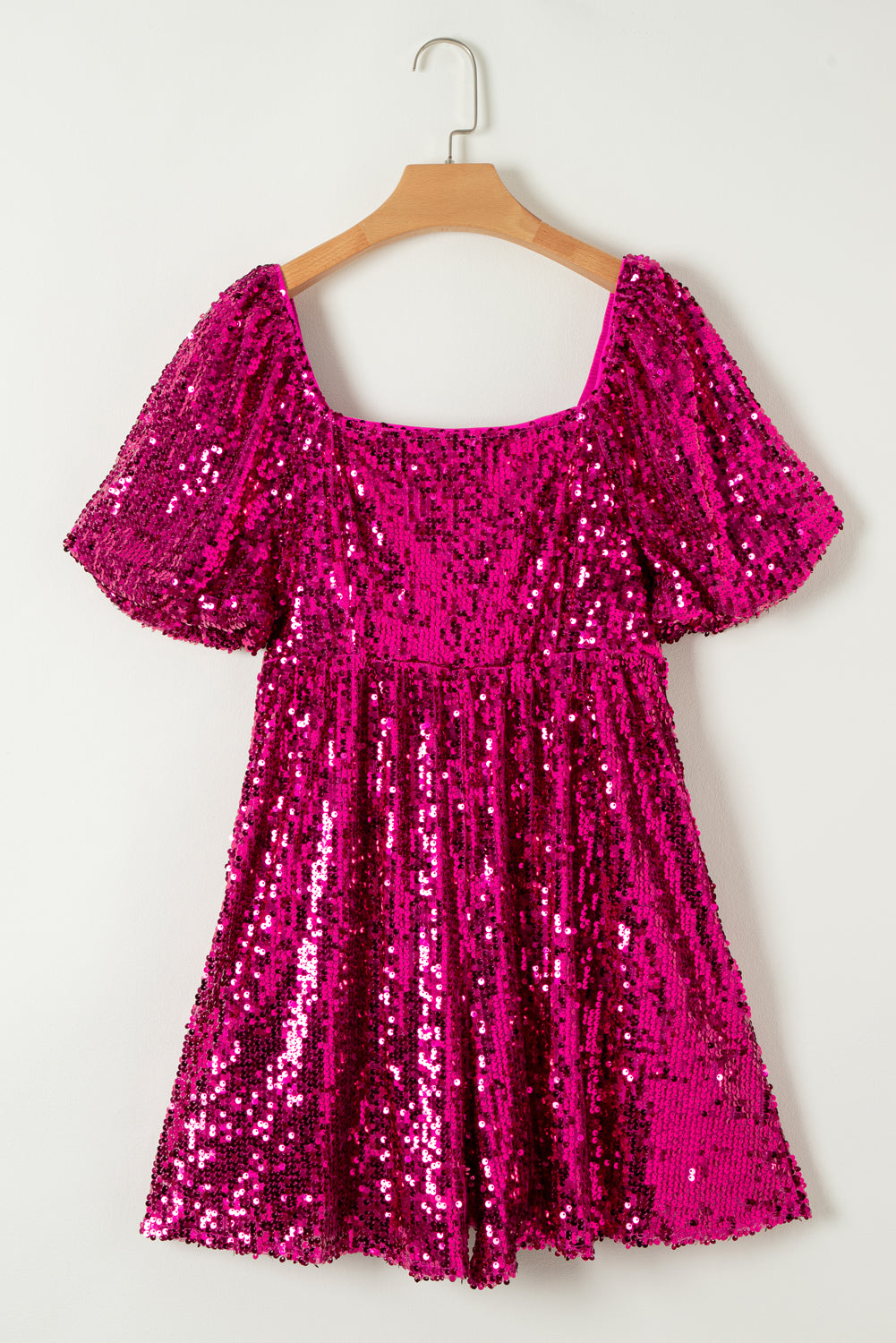 Rose Red Short Puff Sleeve Sequin Babydoll Romper - LA Grand