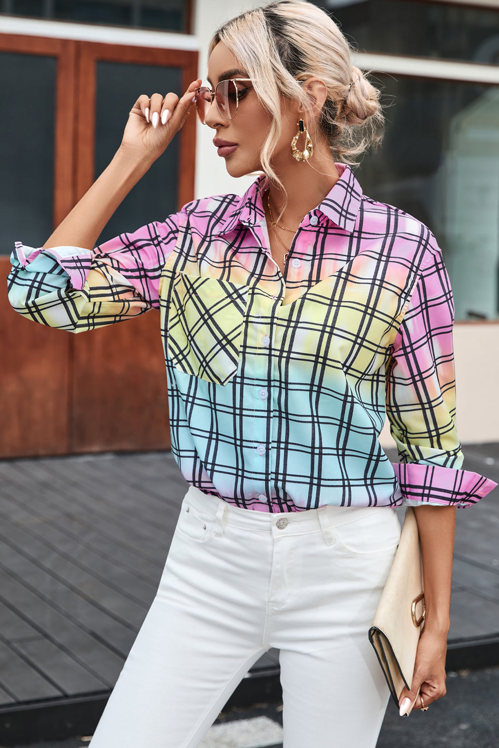 Multicolor Tie Dye Plaid Button Up Shirt - LA Grand